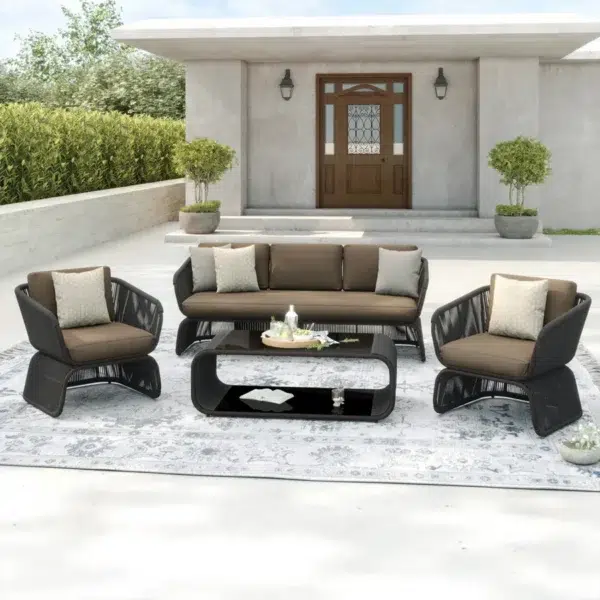 Modern Outdoor Braided Rope Sofa Set with Cushions and 2-Tier Glass Top Coffee Table