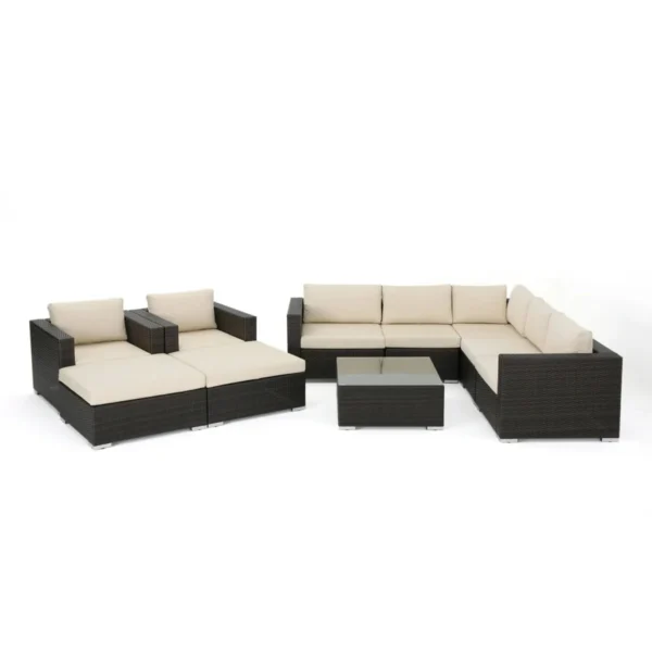 7-Piece Rattan Sectional Sofa Set in Dark Brown with Cream Cushions for Outdoor Patio