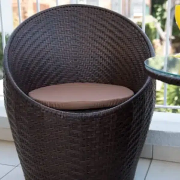 Modern 3-piece outdoor rattan wicker conversation set with two cushioned chairs and a matching glass-top table