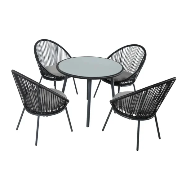 5-piece outdoor patio dining set with modern rope chairs and rectangular dining table, ideal for garden, balcony, or backyard.