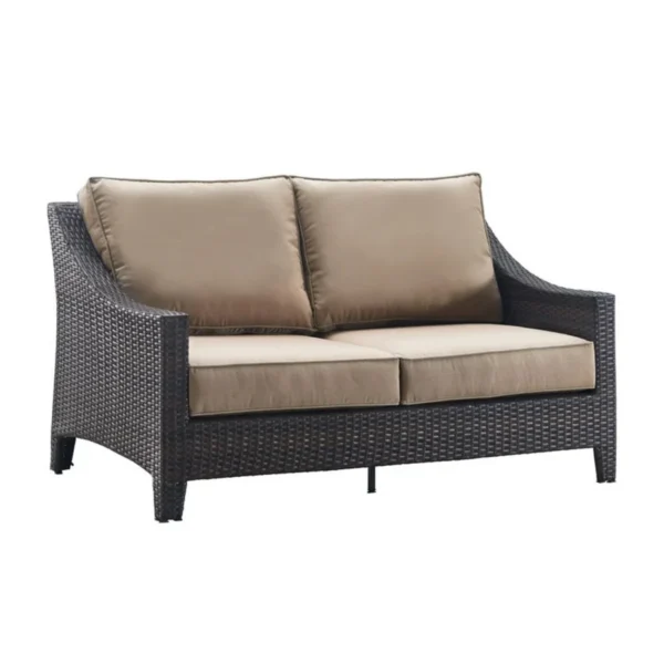 Stylish outdoor rattan wicker loveseat sofa with soft cushions, perfect for patio or garden seating.
