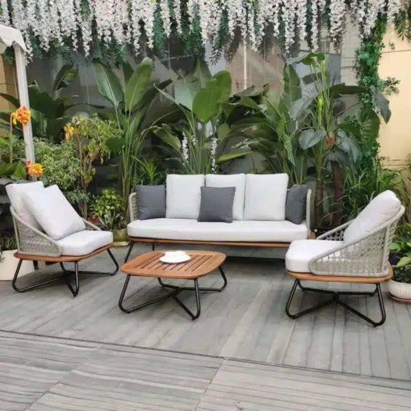 "5-Seater Outdoor All-Weather Rope Sofa Set with Wooden Base for Patio, Garden, and Balcony"