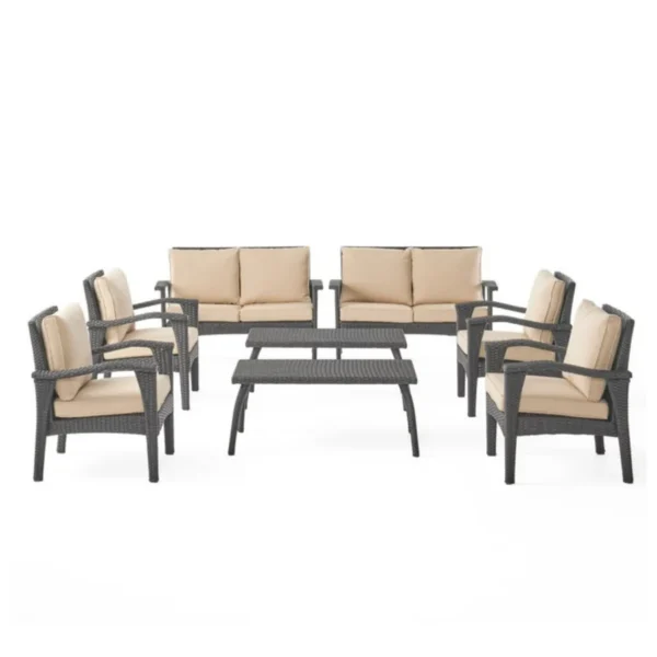 Dark Brown 8-Seater Outdoor Wicker Conversation Set with Cushions and Table