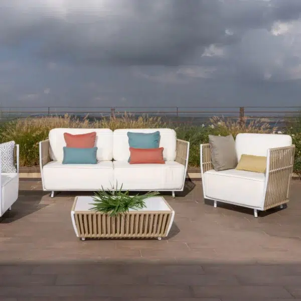 All-Weather Patio Rope Sofa Set with Glass Top Coffee Table for Outdoor Living