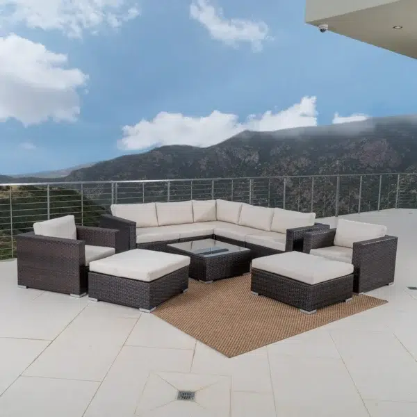 7-Piece Rattan Sectional Sofa Set in Dark Brown with Cream Cushions for Outdoor Patio