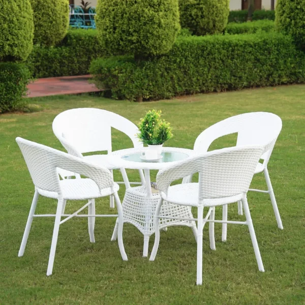 5-Piece Outdoor Rattan Wicker Patio Bistro Set with cushioned chairs and glass-top table for garden or balcony
