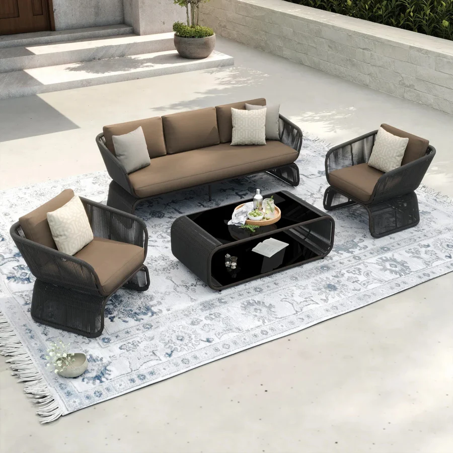 Modern Outdoor Braided Rope Sofa Set with Cushions and 2-Tier Glass Top Coffee Table