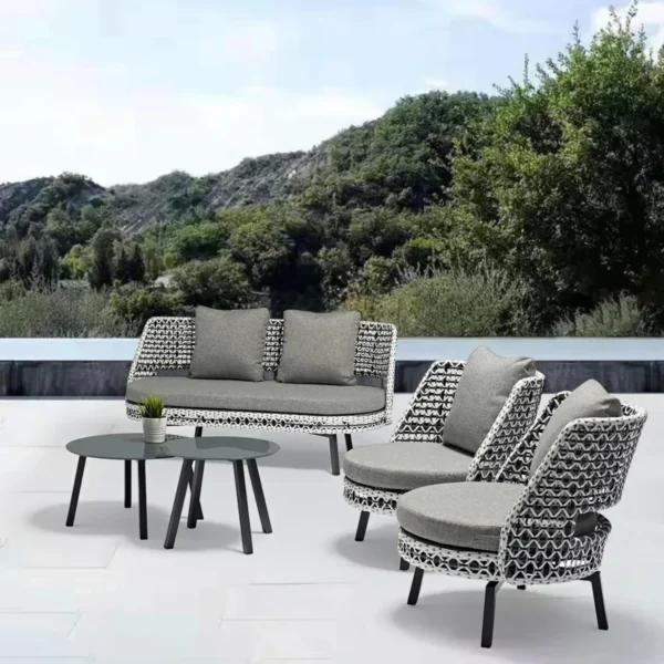 Outdoor Double Tone Rattan Wicker Sofa Set with cushions and table for patio, garden, or balcony