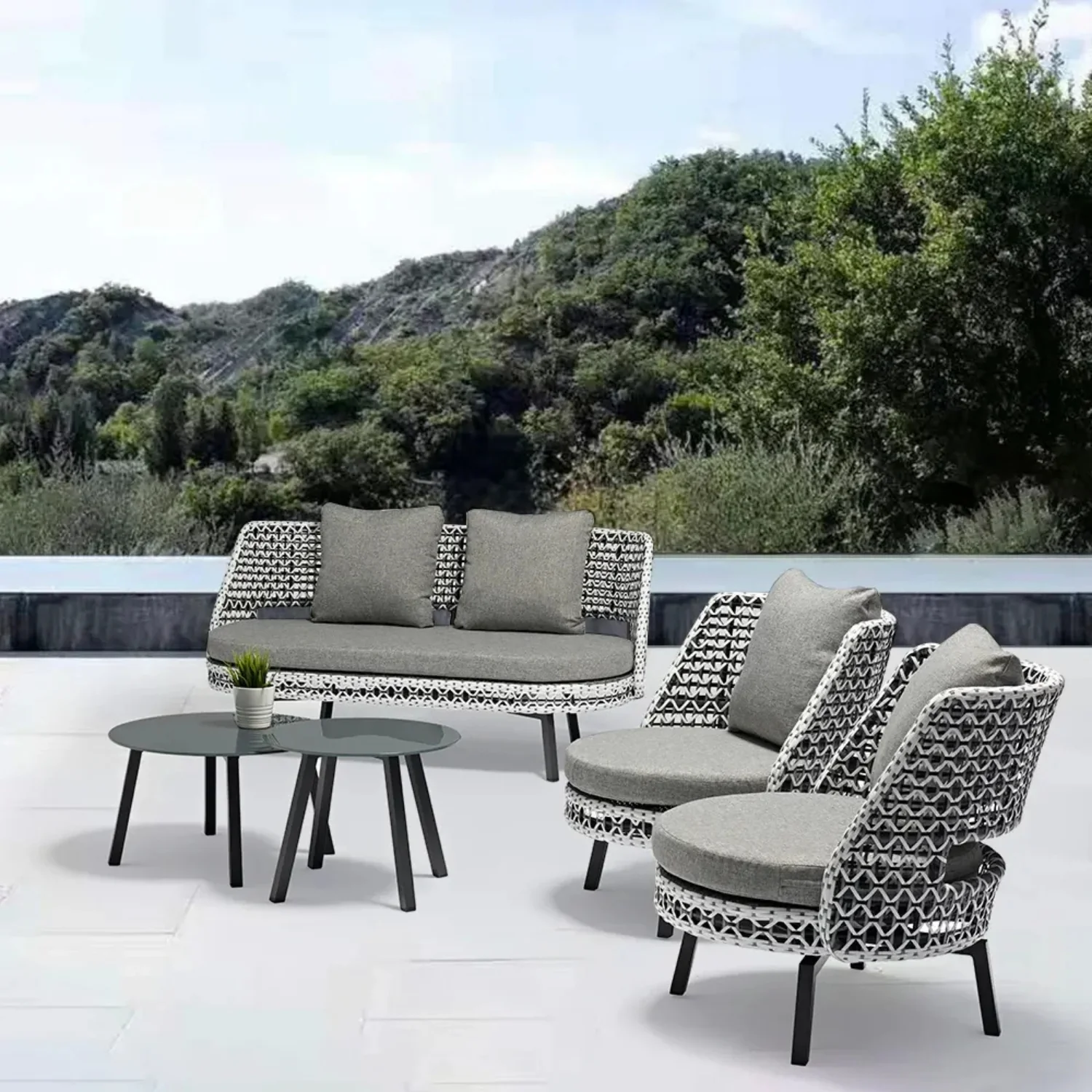 Outdoor Double Tone Rattan Wicker Sofa Set with cushions and table for patio, garden, or balcony