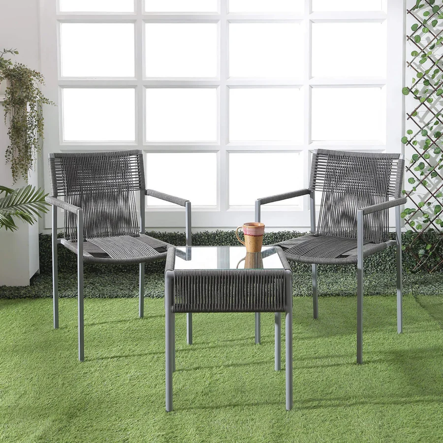 “LOCCUS Outdoor Rope 3-Piece Patio Set in Grey – stylish rope-weave chairs with cushions and a matching coffee table for balcony, garden, or patio use.”