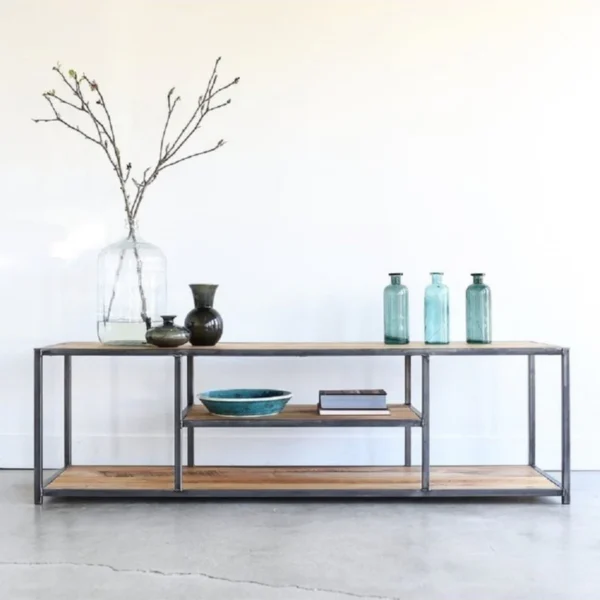 "Sheesham wood top open media console table with sturdy frame and open storage shelves"