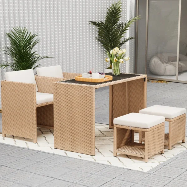 4-Piece Outdoor Rattan Wicker Bar Set with Cushions and Glass Top Table for Patio, Balcony, or Garden