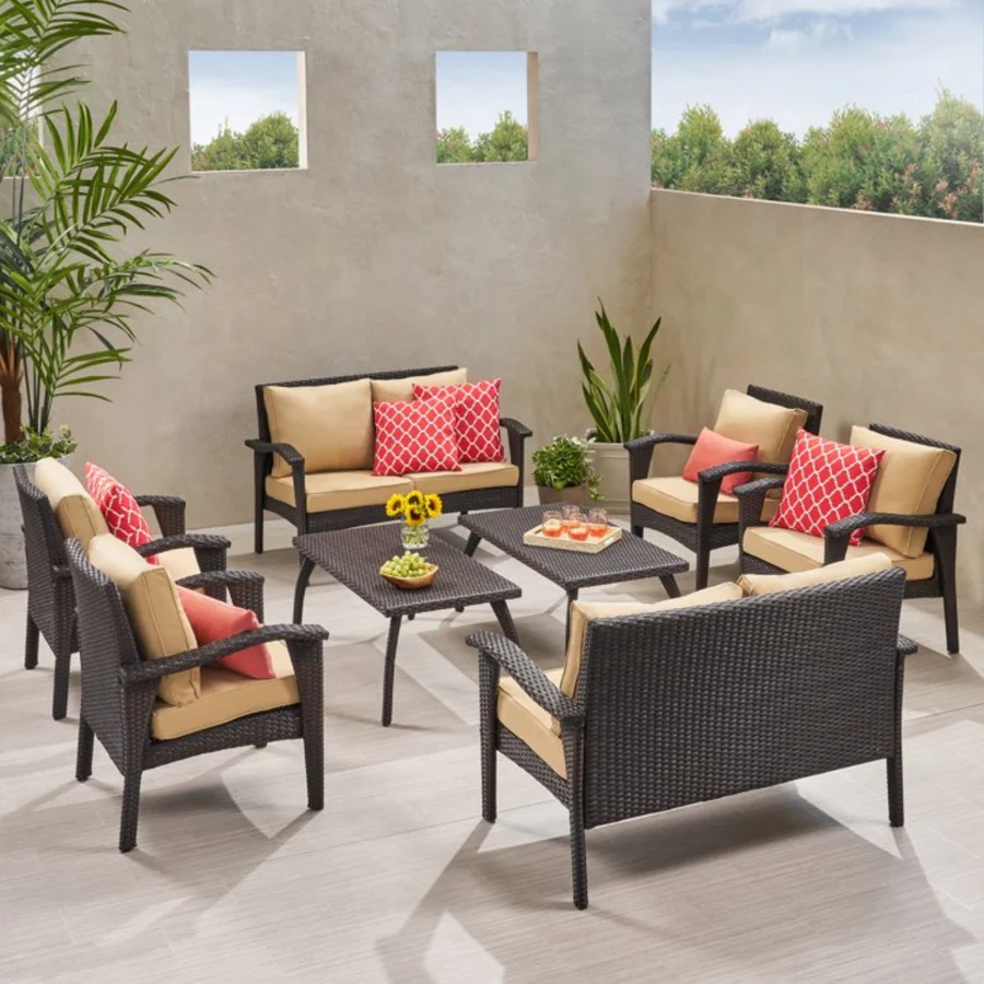 Dark Brown 8-Seater Outdoor Wicker Conversation Set with Cushions and Table