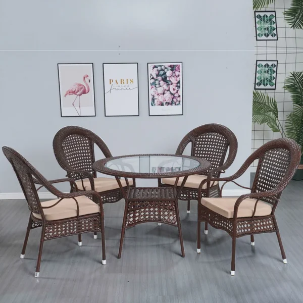 Outdoor all-weather rattan wicker 5-piece dining set with glass-top table and cushioned chairs for patio or garden