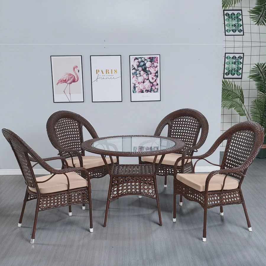 Outdoor all-weather rattan wicker 5-piece dining set with glass-top table and cushioned chairs for patio or garden