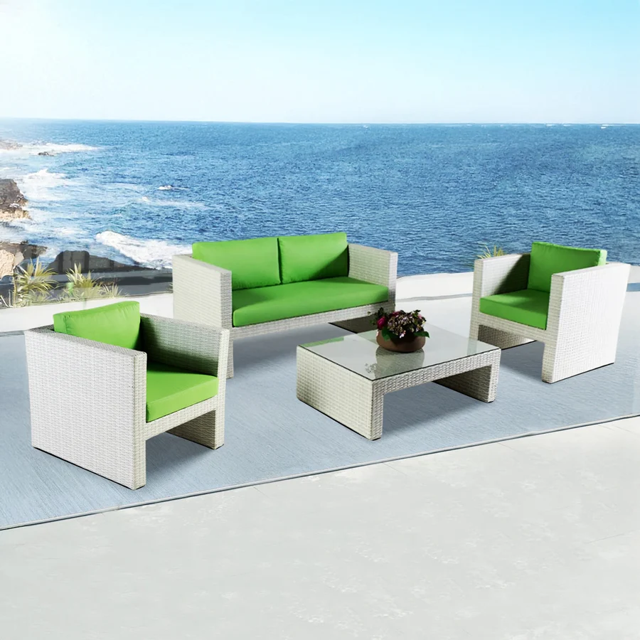 Outdoor Rope 4 Seater Sofa Set with Cushions and Glass Top Tables for Patio, Garden, or Balcony