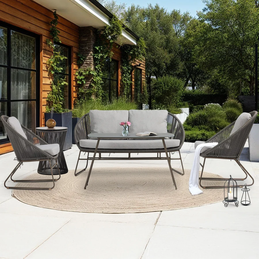 Outdoor Rope 4-Piece Patio Sofa Set with Cushions and Glass Top Coffee Tables for Garden, Balcony, or Terrace