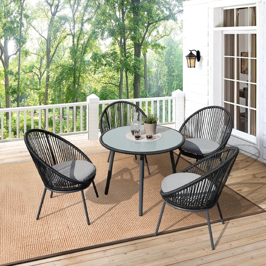 5-piece outdoor patio dining set with modern rope chairs and rectangular dining table, ideal for garden, balcony, or backyard.
