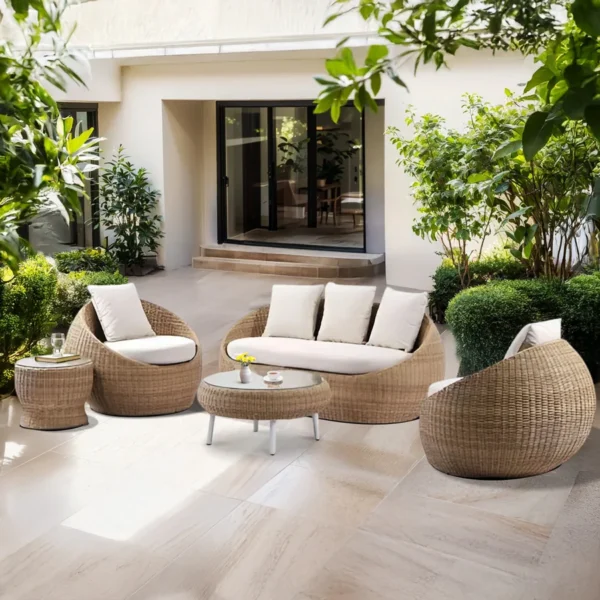 Outdoor Wicker 5-Seater Sofa Set with Cushions and Glass Top Coffee Tables for Patio, Garden, or Balcony