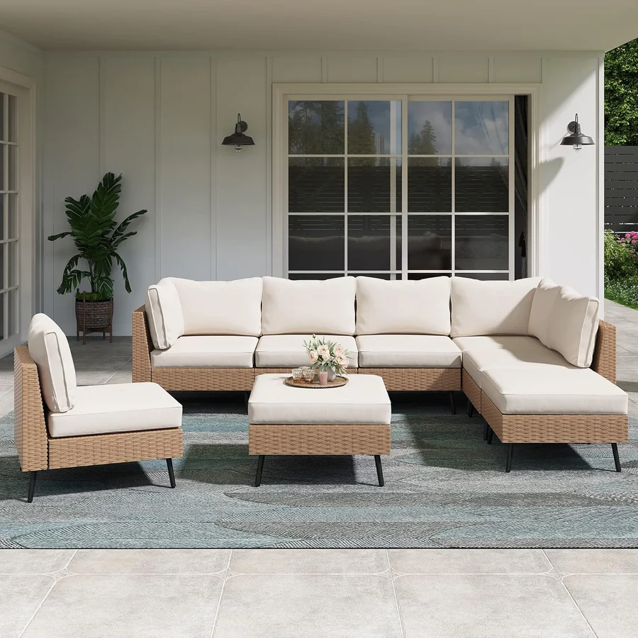 Outdoor Rattan Wicker 8-Seater Sofa Set with Cushions and Coffee Table