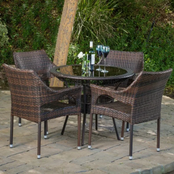 Outdoor all-weather resistant rattan wicker 5-piece dining set with cushioned chairs and glass-top table for patio or garden use