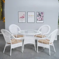 Outdoor all-weather rattan wicker 5-piece dining set with tempered glass table and cushioned chairs on patio