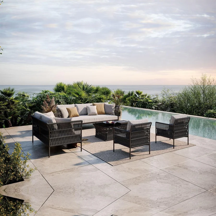 Outdoor Rope 7-Seater Patio Sofa Set with Cushions and Glass Top Coffee Table