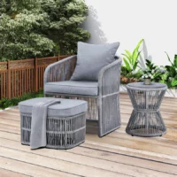 Grey 3-piece outdoor rope patio sofa set with cushions on a wooden deck
