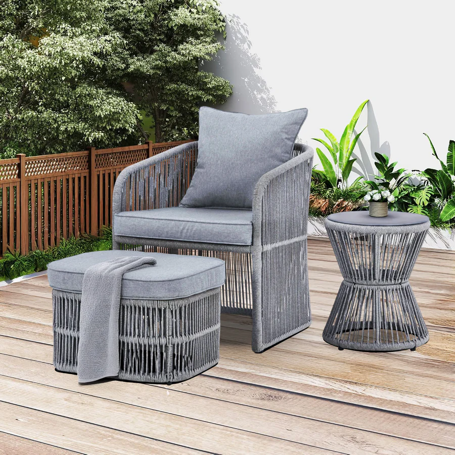 Grey 3-piece outdoor rope patio sofa set with cushions on a wooden deck
