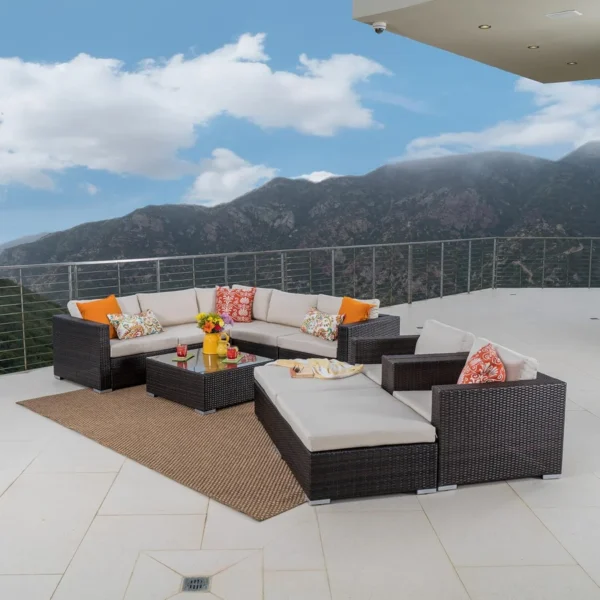 7-Piece Rattan Sectional Sofa Set in Dark Brown with Cream Cushions for Outdoor Patio