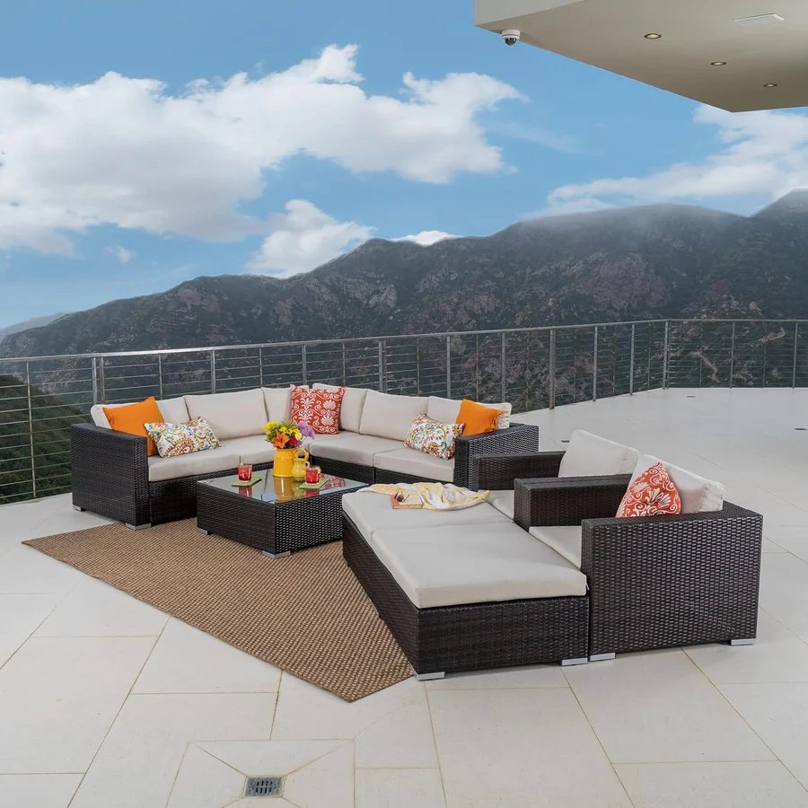 7-Piece Rattan Sectional Sofa Set in Dark Brown with Cream Cushions for Outdoor Patio