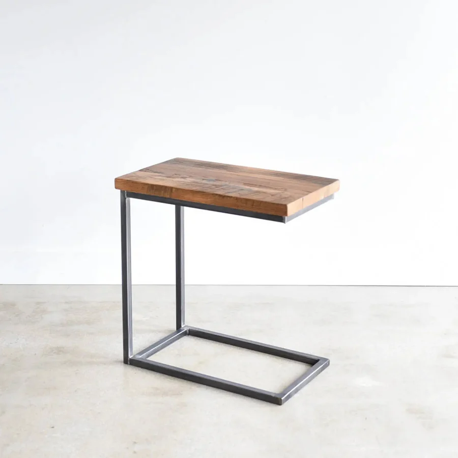 "Solid Sheesham wood C-shape corner side table with natural finish for living room and bedroom"