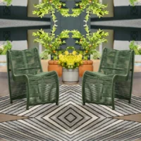 Two modern outdoor rope patio chairs with metal frames and woven seats, perfect for garden or balcony seating.