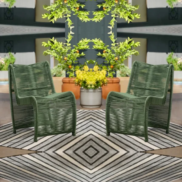 Two modern outdoor rope patio chairs with metal frames and woven seats, perfect for garden or balcony seating.