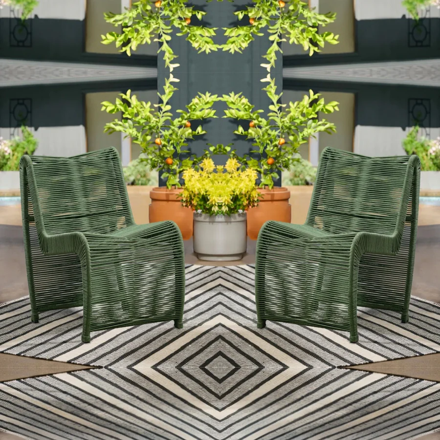 Two modern outdoor rope patio chairs with metal frames and woven seats, perfect for garden or balcony seating.