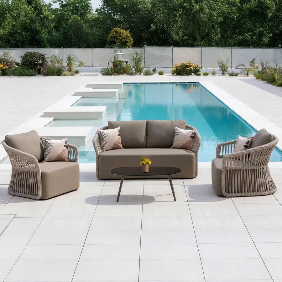 "4-Piece Outdoor Braid and Rope Sofa Set in Beige and Dark Cream with Cushions for Patio, Garden, or Balcony"