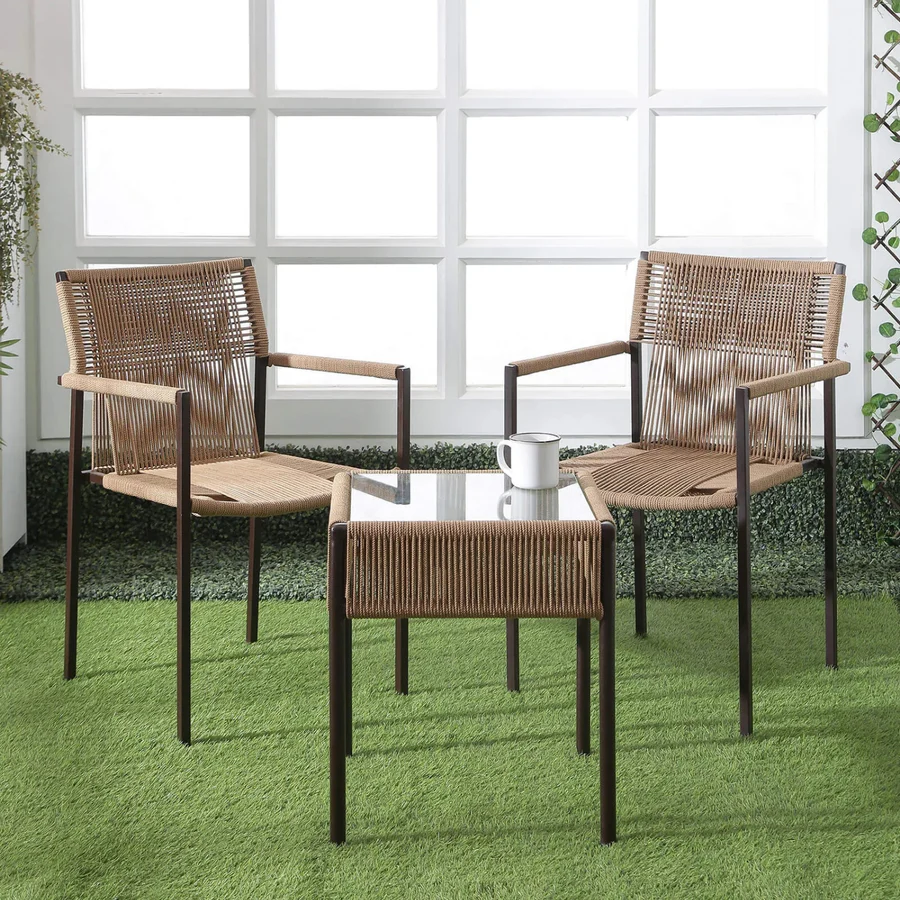 Outdoor rope 3-piece patio set in beige with two cushioned chairs and a matching center table, perfect for balcony or garden seating.