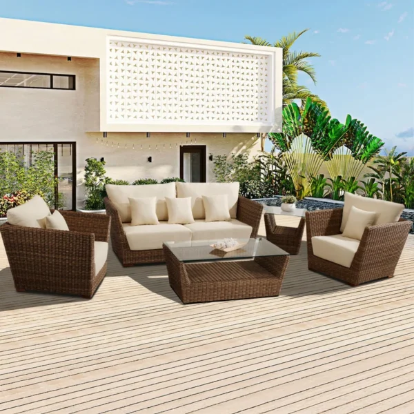 5-Piece Outdoor Wicker Sofa Set with Cushions and 2-Tier Glass Top Coffee Tables for Patio or Garden