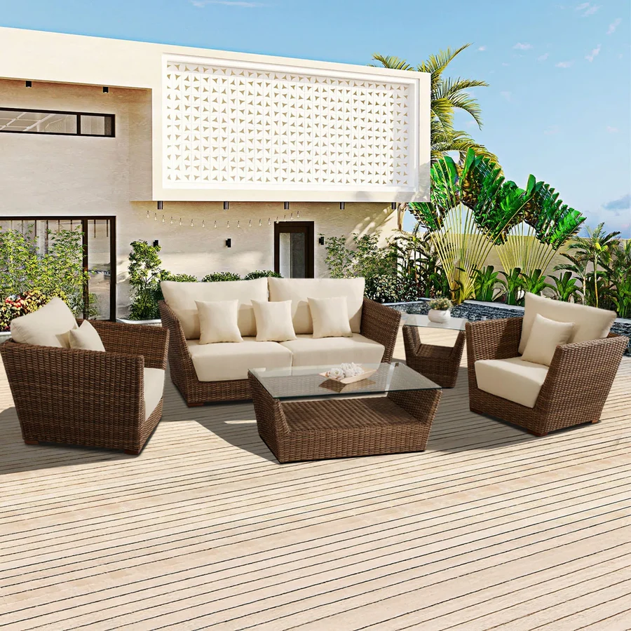 5-Piece Outdoor Wicker Sofa Set with Cushions and 2-Tier Glass Top Coffee Tables for Patio or Garden