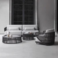 Outdoor Rope 4 Seater Sofa Set with Glass Top Coffee Table for Patio, Garden, Balcony, and Poolside