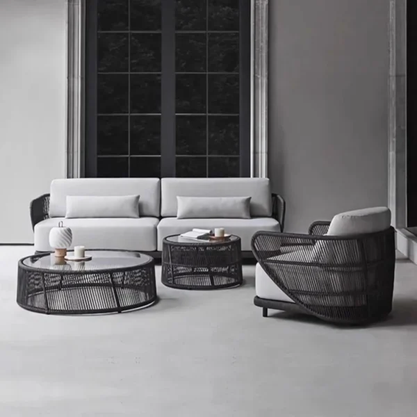 Outdoor Rope 4 Seater Sofa Set with Glass Top Coffee Table for Patio, Garden, Balcony, and Poolside