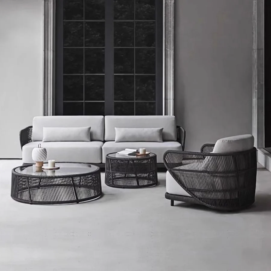 Outdoor Rope 4 Seater Sofa Set with Glass Top Coffee Table for Patio, Garden, Balcony, and Poolside