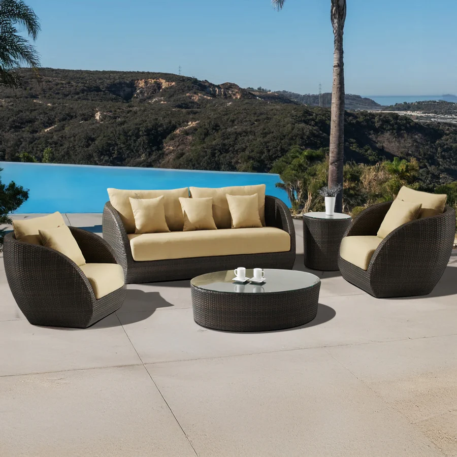 5-Piece Outdoor Wicker Patio Sofa Set with Cushions and Glass Top Tables for Garden, Balcony, or Backyard