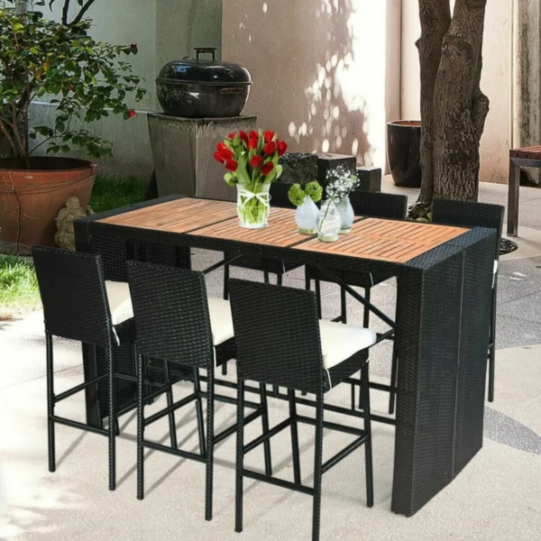 6-seater outdoor wicker bar set with a wooden tabletop and black rattan stools placed in a garden patio setting.
