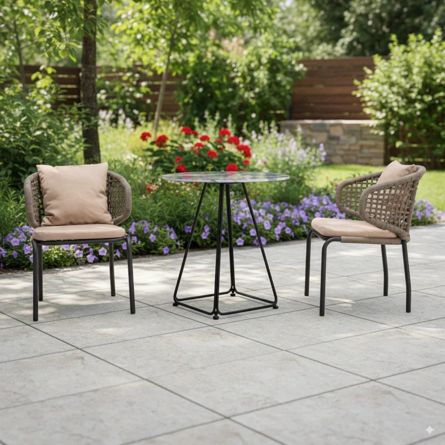 3-Piece Outdoor Rope Conversation Set in beige and cream with two chairs and a coffee table, ideal for patios and gardens.