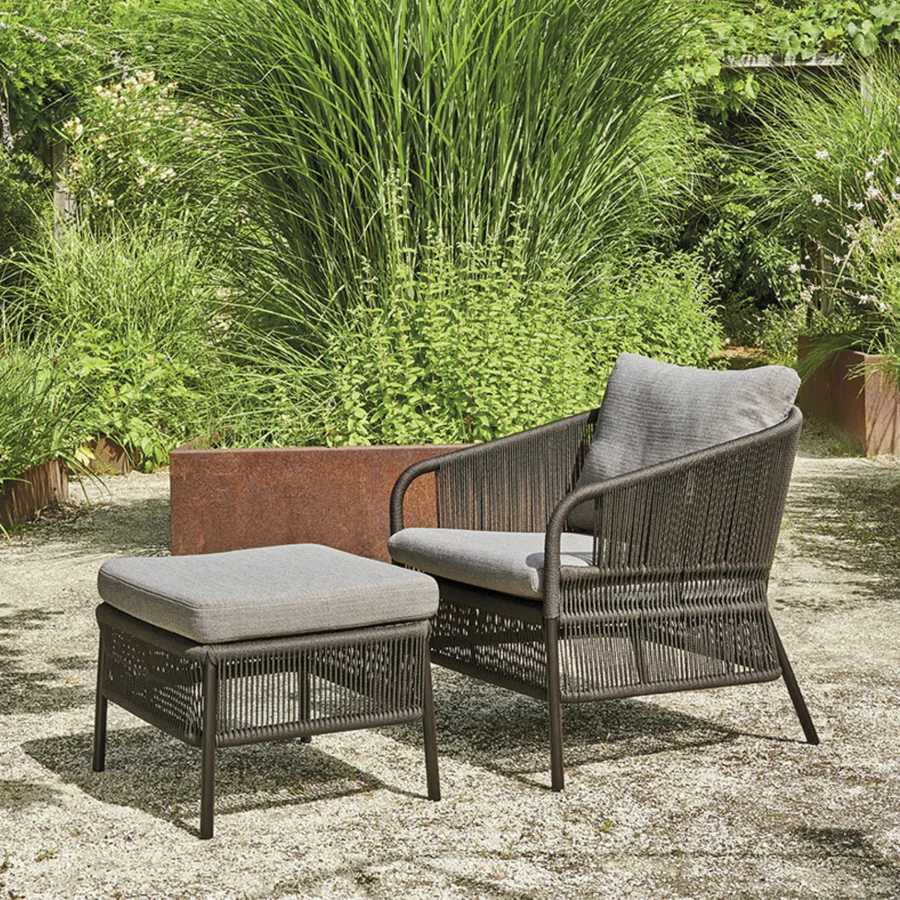 Grey 2-piece rope patio sofa set with plush cushions on a wooden deck, perfect for outdoor lounging.