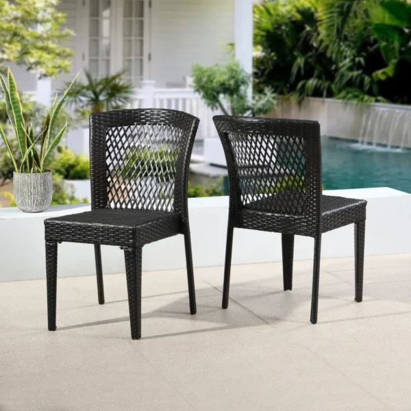 Outdoor rattan wicker patio dining chair with sturdy metal frame and weather-resistant cushion, perfect for garden or balcony use.
