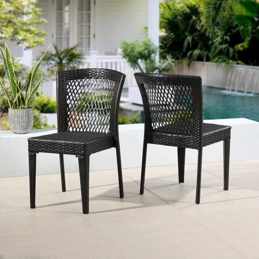 Outdoor rattan wicker patio dining chair with sturdy metal frame and weather-resistant cushion, perfect for garden or balcony use.