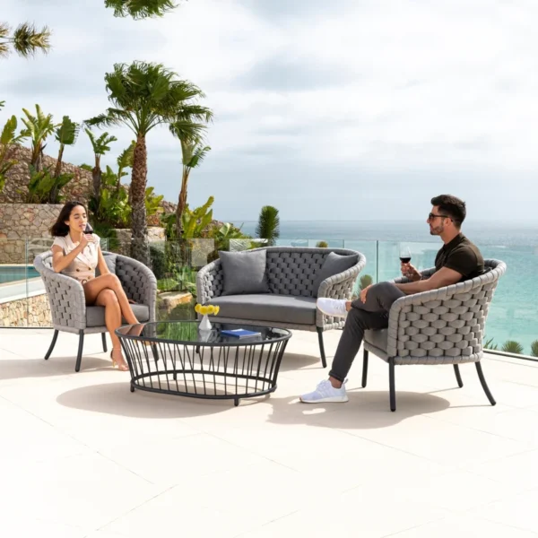 Outdoor Grey Rope 4 Piece Patio Sofa Set with Dark Grey Cushions for garden, balcony, deck, or poolside seating