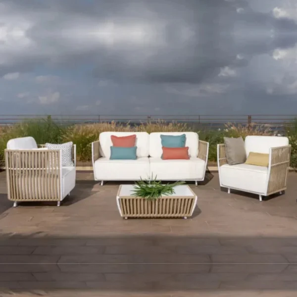 All-Weather Patio Rope Sofa Set with Glass Top Coffee Table for Outdoor Living